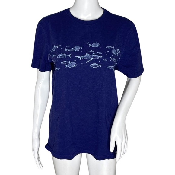 Fat Face‎ x Marine Conservation Society Shirt Womens Medium Blue White Fishes - Picture 1 of 10